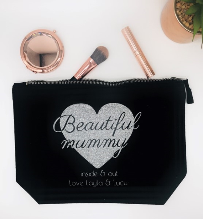 Picture of Sparkly heart large personalised black cosmetic bag