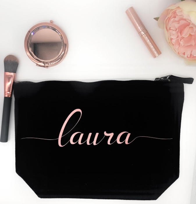 Picture of Rose gold name personalised black cosmetic bag