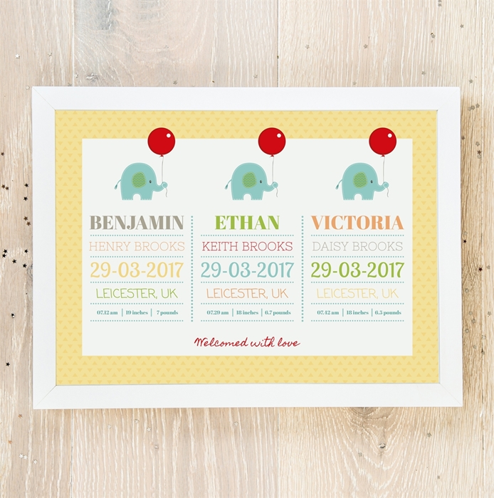 Picture of Cute Elephant Triplet Babies personalised poster