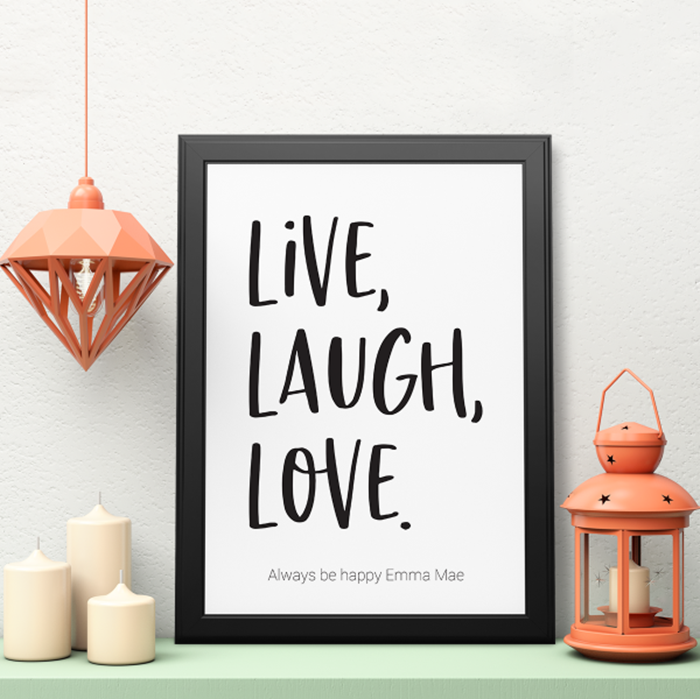 Show details for PRE-MADE A3 Live, Laugh, Love personalised poster with black frame